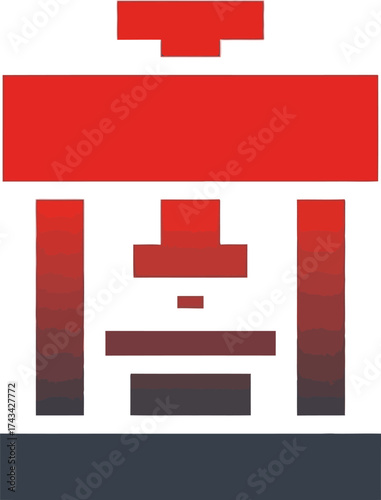 A stylized, symmetrical graphic icon of a red industrial press machine, featuring a blocky design and a dark gradient.