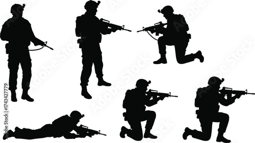 Armed soldier silhouettes in tactical gear, standing, kneeling, prone positions, helmets, rifles, combat readiness, military training illustration