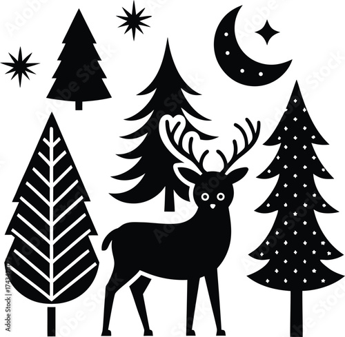 A vector silhouette illustration of a reindeer and a set of Christmas trees for a winter nature designA vector silhouette illustration of a reindeer and a set of Christmas trees for a winter nature de