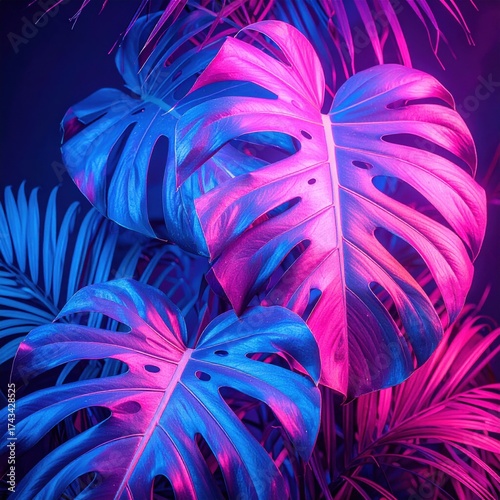 Vibrant Neon Leaves with Pink and Blue Glow