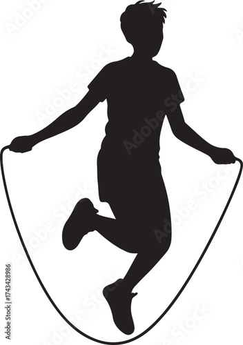 Energetic child jumping rope silhouette on white