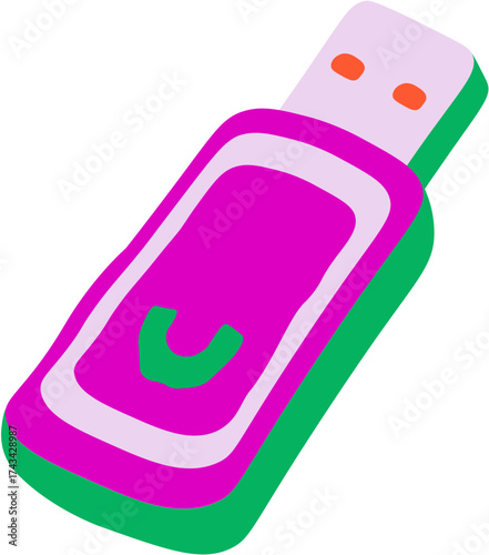 A vibrant, stylized illustration of a pink and green USB flash drive, depicted from an isometric perspective against a plain background.
