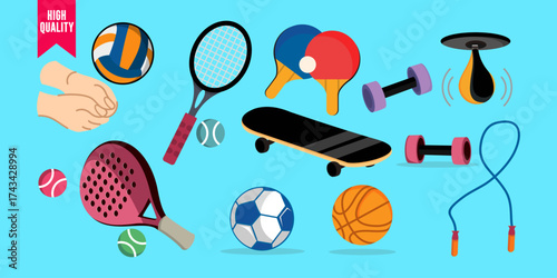 Colorful Sports Equipment Collection With Ball, Racquet, Skateboard, And Jump Rope