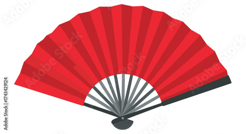 A traditional red folding fan made from fabric and bamboo used for cooling.