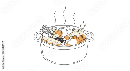 A delicious steaming pot of assorted food with chopsticks ready for serving.