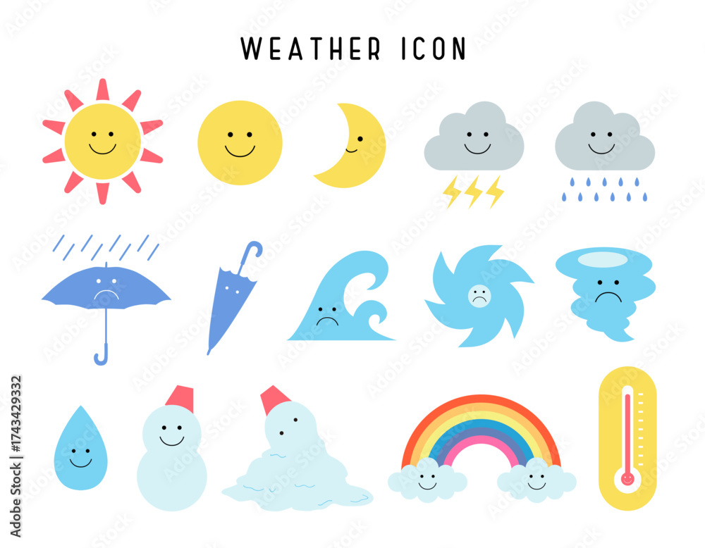 Fototapeta premium 晴れ・雨・雷・台風などの気象をまとめたカラフルで親しみやすい天気アイコンベクター素材