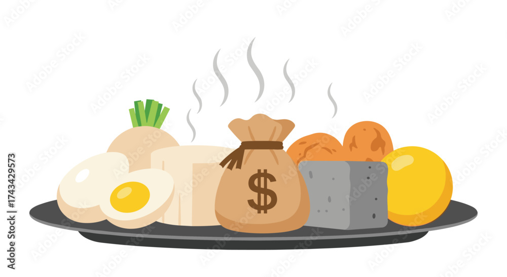 Fototapeta premium A steaming platter of food with a money bag at its center.