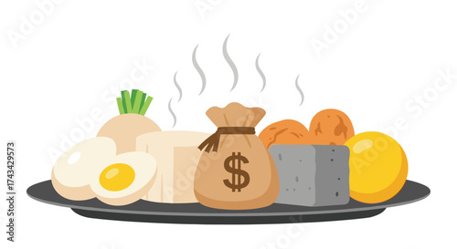 A steaming platter of food with a money bag at its center.