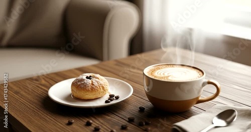 Steaming latte with latte art accompanies a pastry on a wooden table.