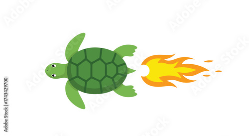 A little green turtle with a fiery exhaust tail zooms forward with great speed.