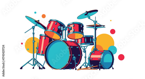 A vibrant pixel art illustration of a drum set with colorful abstract shapes in the background.