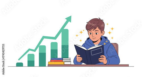 Boy reading book with a growing graph in the background.