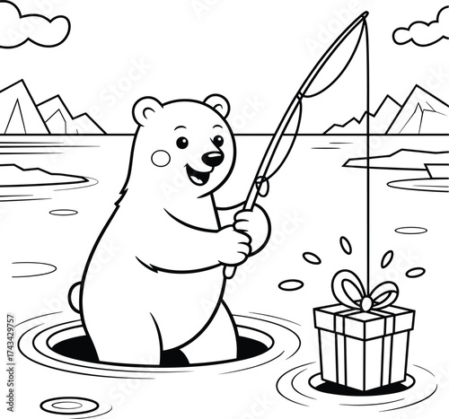 Cartoon polar bear fishing for a gift box in icy water reel