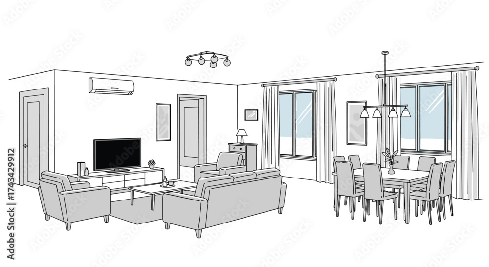 Fototapeta premium Cozy living room and dining area with abundant natural light and comfortable furnishings.