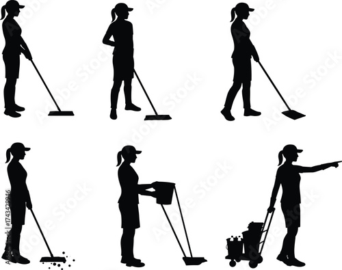 Cleaning staff silhouettes in uniform, mopping, sweeping, pushing cart, holding bucket, dirt removal, janitorial service posture illustration