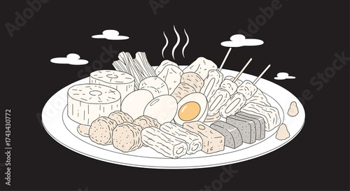 A steaming plate of delicious Japanese oden a comforting winter stew with assorted ingredients.