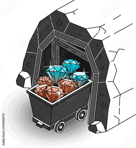 A mine cart full of sparkling blue and red diamonds emerging from a dark rocky mine entrance.