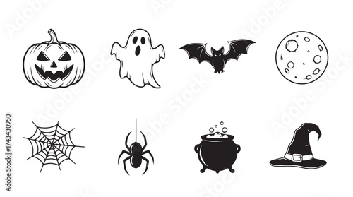 Collection of hand drawn halloween icons including pumpkin ghost bat moon spider witch hat and cauldron vector