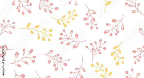 A delicate pattern of blush pink and soft yellow floral branches repeats across a white background.