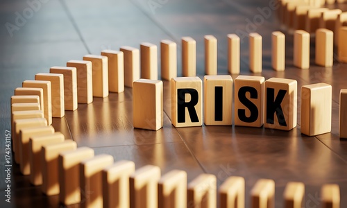 Wooden domino blocks in circular pattern with 'RISK' text, ideal for illustrating business strategy, decision making, and chain reaction concepts