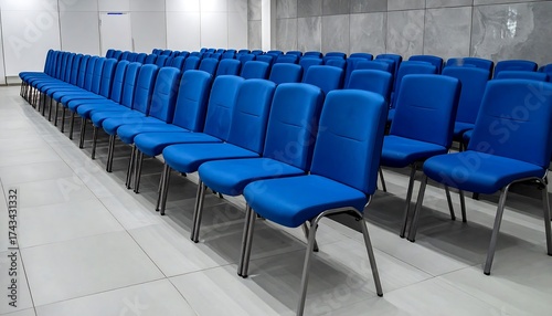 Rows of blue chairs in a modern hall