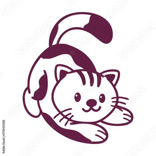 A cute cartoon illustration of a playful cat with dark purple markings, in a playful pose.