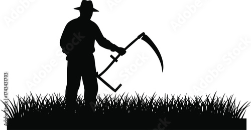 Farmer silhouette with scythe in tall grass, traditional harvesting posture, rural labor and agricultural field work illustration