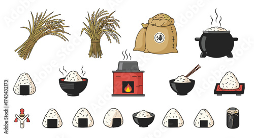 Harvested rice and various rice dishes presented in a collection.