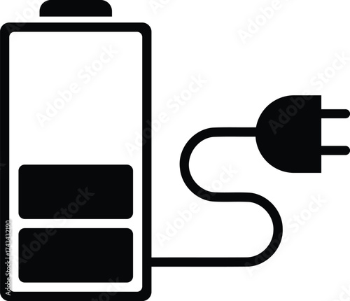 Simple black and white icon representing a battery being charged by an electrical plug and cable isolated on transparent background
