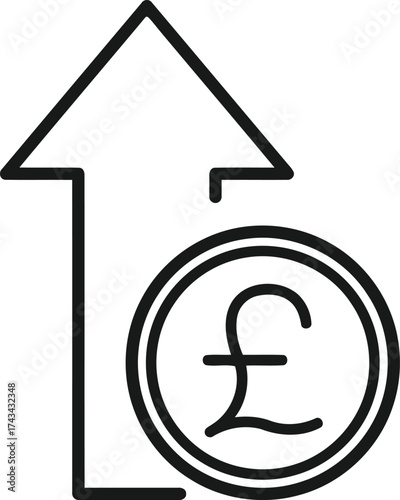 Stylized black outline icon representing financial growth and increasing value with a pound sterling symbol isolated on transparent background