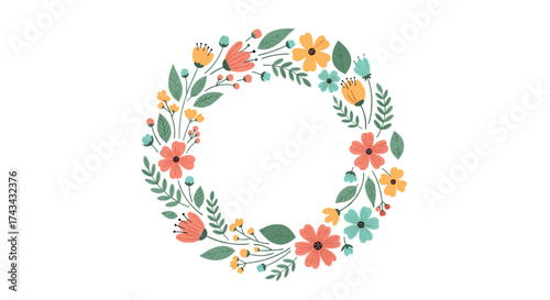 A charming floral wreath adorned with a variety of colorful blossoms and green leaves.
