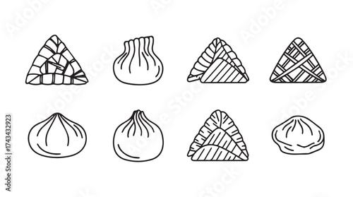Hand drawn collection of diverse dumplings and asian food icons in sketchy style vector
