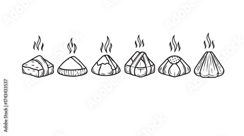 Hand drawn collection of various burning incense cones with flames and smoke vector