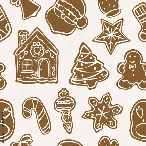 Hand drawn gingerbread cookies seamless pattern