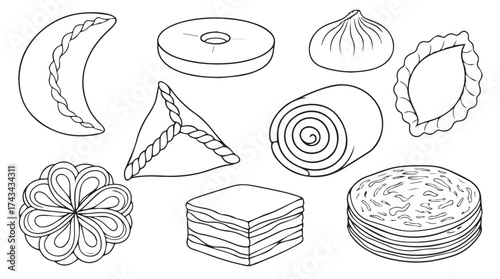 Hand-drawn collection of various delicious pastries and baked goods assortment vector