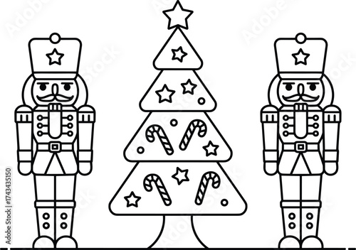 Two nutcrackers flanking a decorated Christmas tree line art holiday soldier
