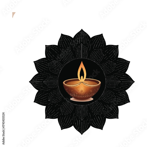 Vector art of a glowing diya lamp surrounded by a black lotus flower, symbolizing light over darkness and hope