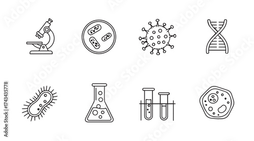 Scientific research icons microscope dna virus bacteria petri dish test tubes laboratory flask vector