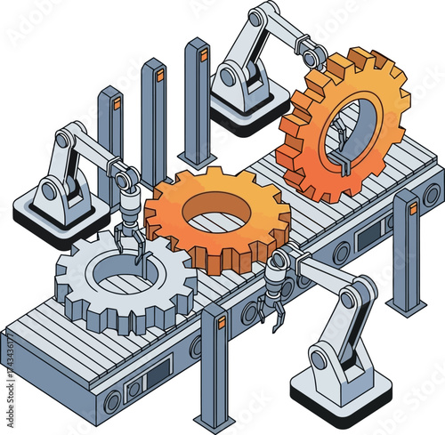 Industrial robotic arms assembling large metal gears on an automated factory conveyor belt.