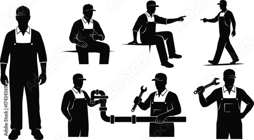 Worker silhouette illustrations with wrench, pipe repair, valve adjustment, pointing, sitting, walking, overalls and technical labor poses