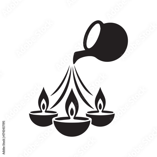 Vector art of black and white vector illustration of a pot pouring oil over three lit diyas, , symbolizing diwali celebration