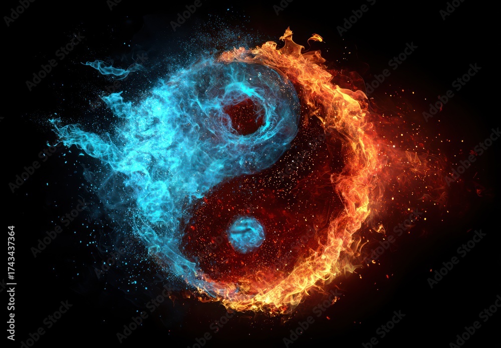 Fototapeta premium Abstract yin yang symbol with fire and ice elements on black background