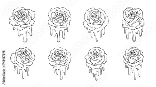 Set of eight stylized melting roses with dripping petals in black outline style for design vector