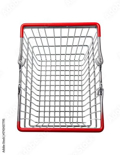 Empty shopping cart, overhead view, red trim, metallic frame, and intricate wire grid