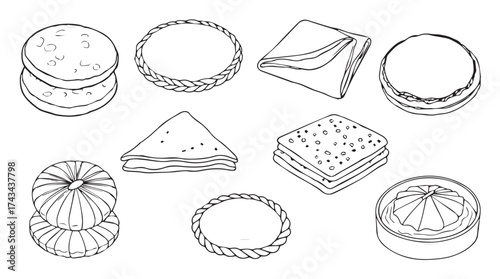 Collection of delicious crepes and pancakes hand drawn line art culinary food vector