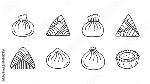 Hand drawn dumpling assortment diverse asian food icon set for culinary design vector