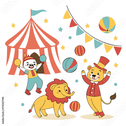 Vibrant circus show featuring playful clowns juggling performing with a variety of trained animals in a lively colorful illustration