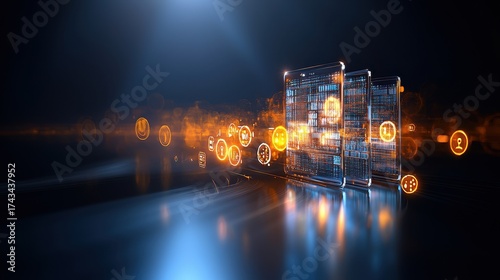 Digital Data Flow with Glowing Symbols and Technology Elements