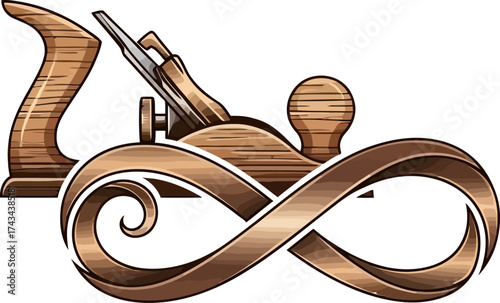 An artistic illustration of a traditional wood plane with its body shaped into an elegant infinity symbol.