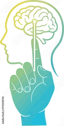 A conceptual illustration of a hand with a key-shaped finger unlocking a human brain.